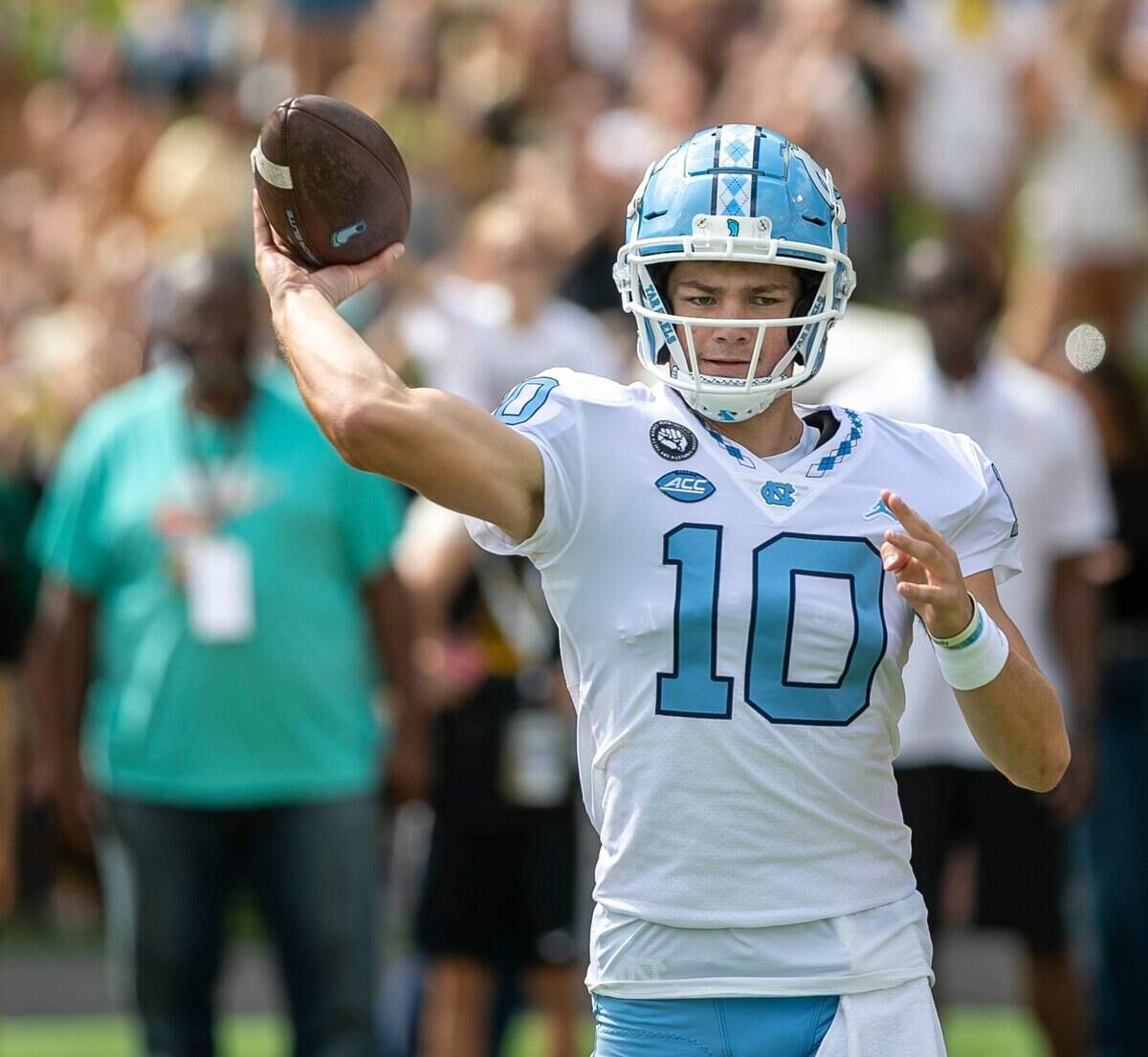 North Carolina quarterback Drake Maye (10) warms up for the Tar Heels game against Appalachian State on Saturday, September 3, 2022 at Kidd Brewer Stadium in Boone, N.C.