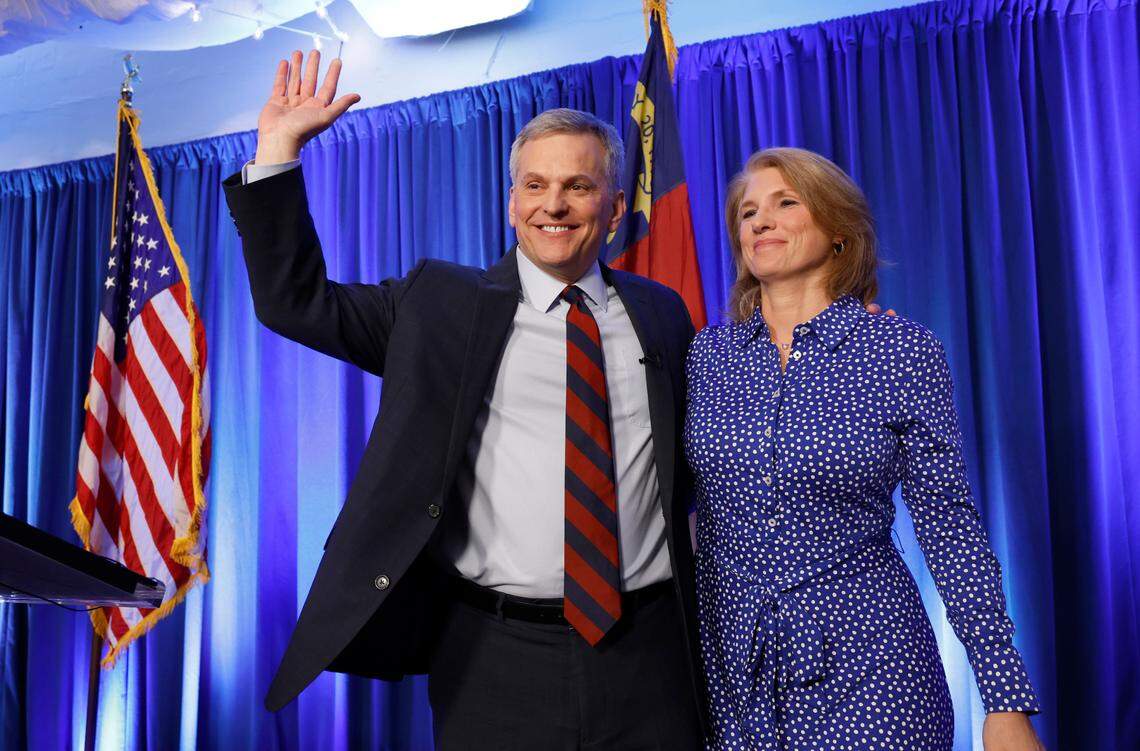 Attorney General Josh Stein celebrates with his wife Anna after he won the Democratic primary for governor. Stein spoke at the North Carolina Democrats primary election night party at Maywood Hall and Gardens in Raleigh, N.C., Tuesday, March 5, 2024.