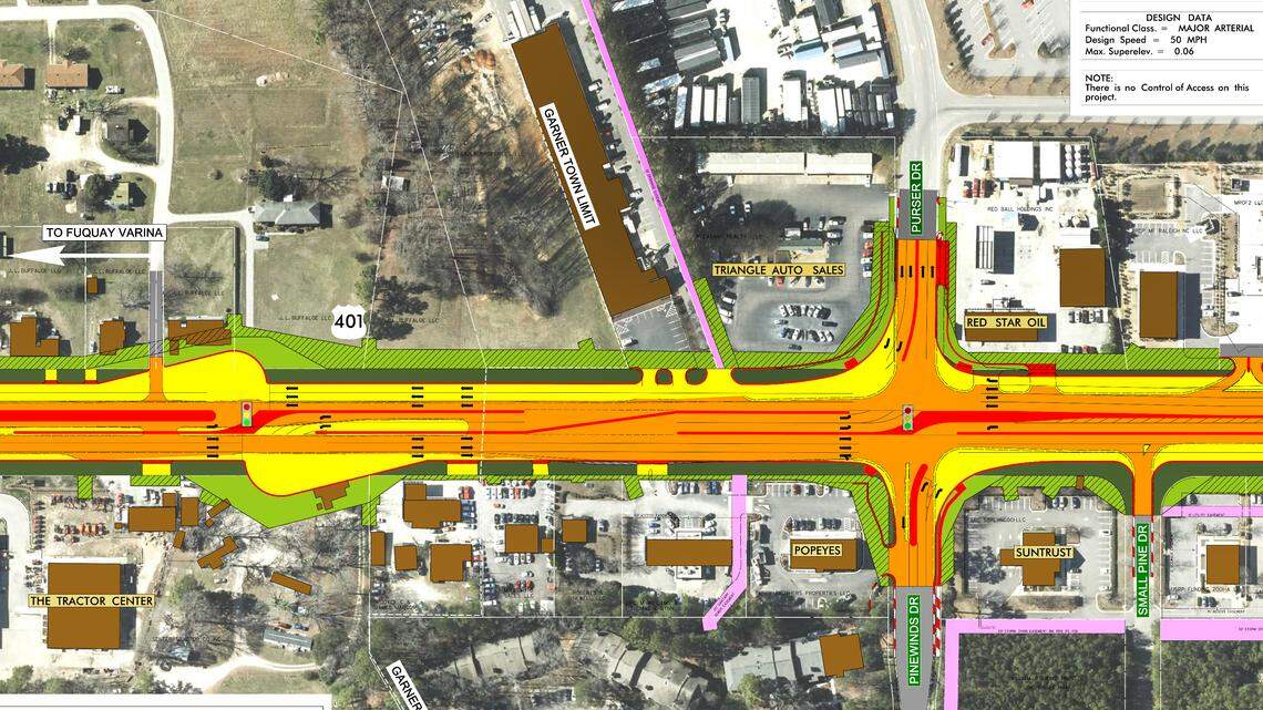 This map shows part of the N.C. Department of Transportation’s plans to widen a one-mile stretch of U.S. 401 in Garner to six lanes and redesign the road to reduce the number of left turns in and out of businesses and side streets.