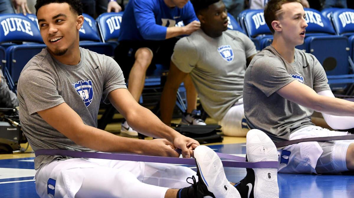 Duke guard Tre Jones (3) with the team prior to the start of the Georgia Tech game at Cameron Indoor Stadium In Durham, N.C. Jan.26, 2019. Jones was hurt in the on Jan. 14 against Syracuse.