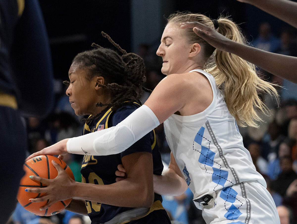 North Carolina’s Alyssa Ustby pressurs Notre Dame’s Liatu King during the second half of the Tar Heels’ 76-66 loss on Sunday, Jan. 5, 2025, at Carmichael Arena in Chapel Hill, N.C.