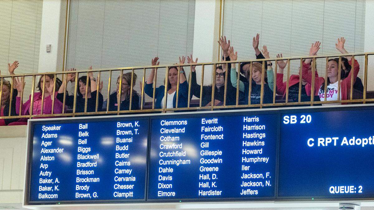 Demonstrators in the House gallery raise their hands in support of debate on the House floor on an abortion restriction bill at the North Carolina State Legislature. The House passed the bill.