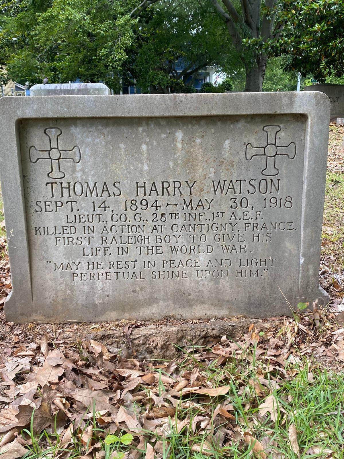 Thomas Harry Watson lies in the World War I section of Oakwood Cemetery, having been mistakenly buried in Kansas.