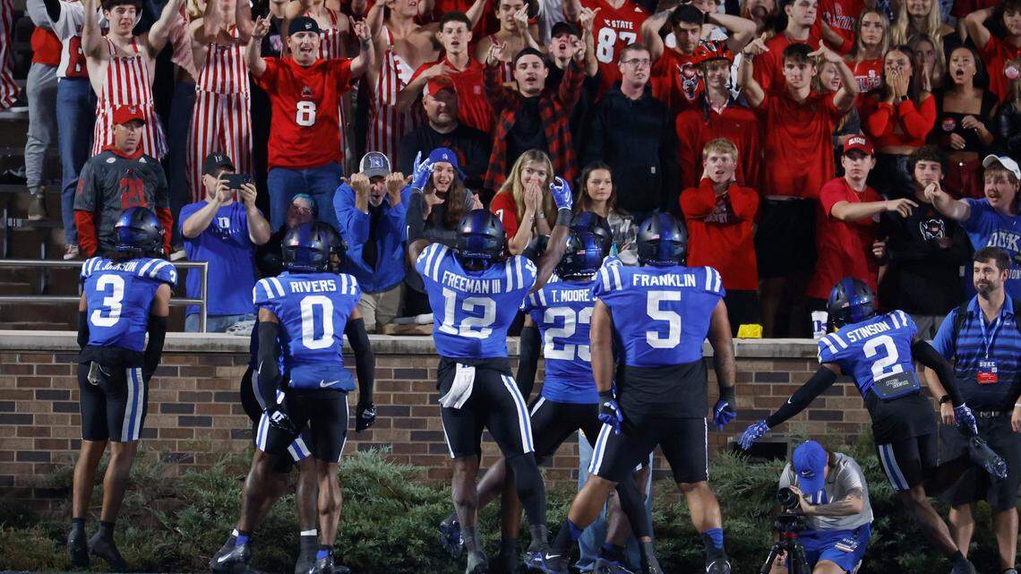 Duke linebacker Tre Freeman (12) celebrates after intercepting the ball during the first half of N.C. State’s game against Duke at Wallace Wade Stadium in Durham, N.C., Saturday, Oct. 14, 2023.