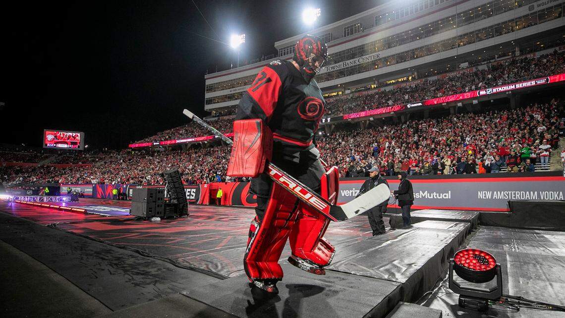 Carolina Hurricanes’s goalie Frederik Andersen (31) leaves the ice following a pregame warm up prior to their Stadium Series game against the Washington Capitals on Saturday, February 18, 2022 at Carter-Finley Stadium in Raleigh, N.C.