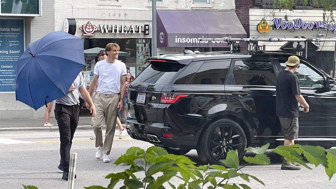 “The Summer I Turned Pretty” actor Christopher Briney, who plays Conrad Fisher in the series, films a scene on Franklin Street in Chapel Hill on Monday, July 8, 2024.