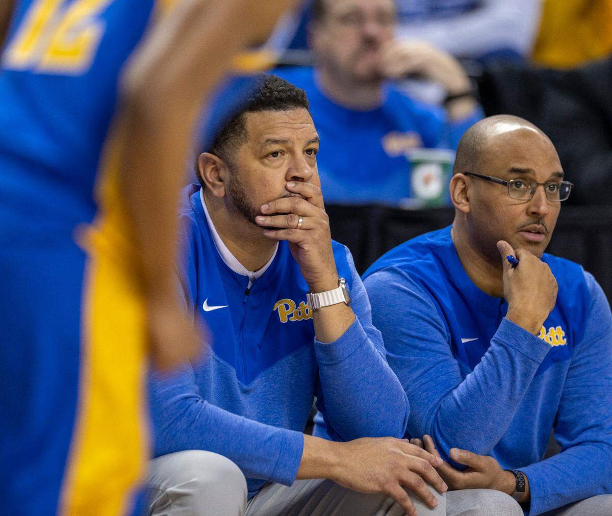 Pittsburgh coach Jeff Capel watches the final minute of play as his team falls 96-69 to the Duke Blue Devils in the third round of the ACC Tournament on Thursday, March 9, 2023 at the Greensboro Coliseum in Greensboro, N.C.