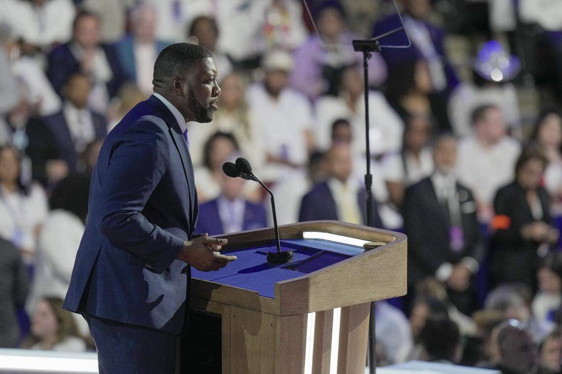 Aug 22, 2024; Chicago, IL, USA; Mayor of Durham, N.C., Leonardo Williams speaks during the final day of the Democratic National Convention at the United Center. Mandatory Credit: Mark Hoffman-USA TODAY