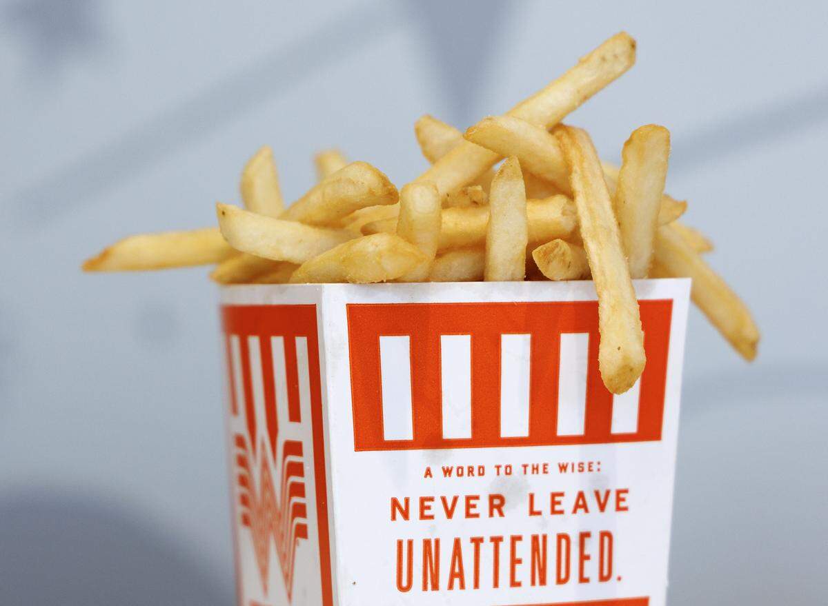 Whataburger’s fries are thin, salted and cooked to a not-too-crispy level. A large order of fries comes in a sturdy box. 