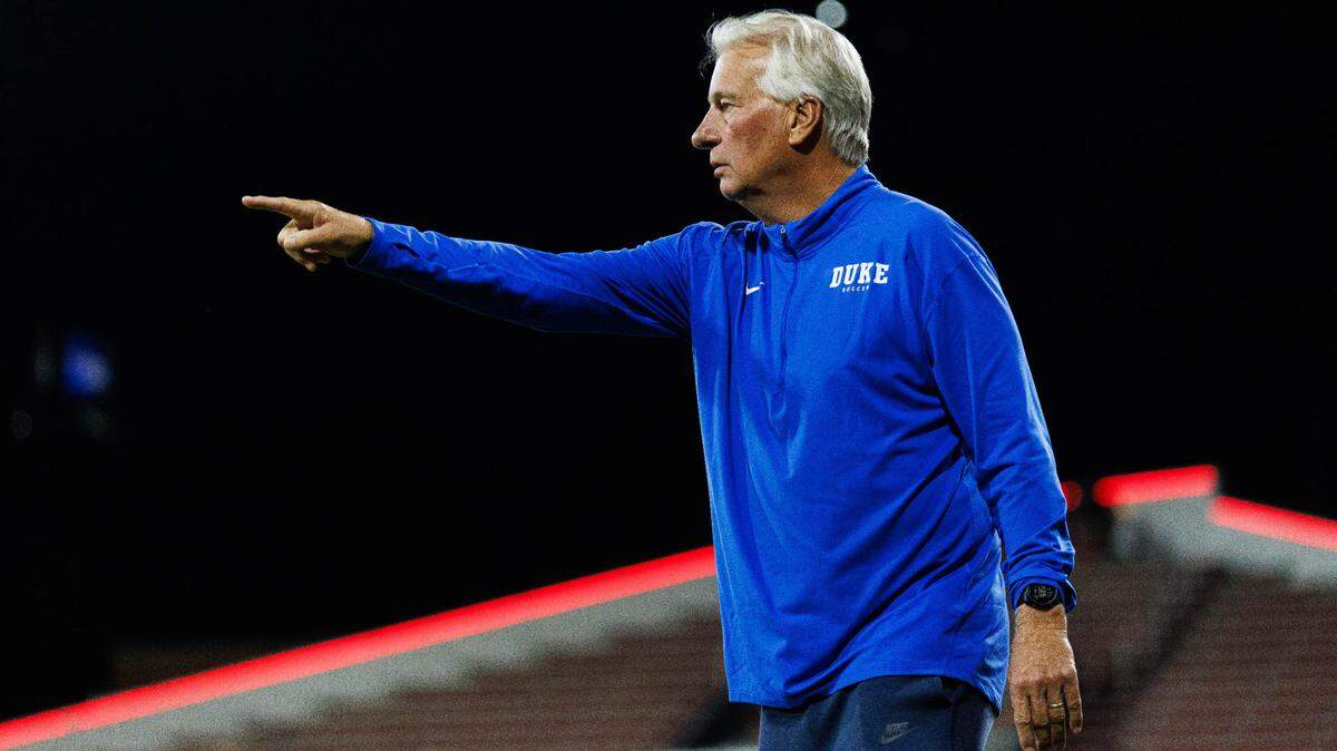 Oct 26, 2023; Louisville, KY, USA; Duke Blue Devils head coach Robbie Church points during the second half against the Louisville Cardinals at Dr. Mark & Cindy Lynn Stadium.