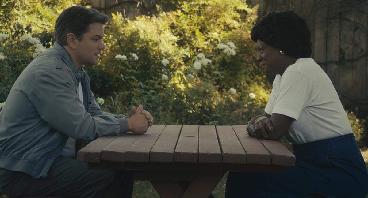 Matt Damon as Sonny Vaccaro and Viola Davis as Deloris Jordan in “Air.”