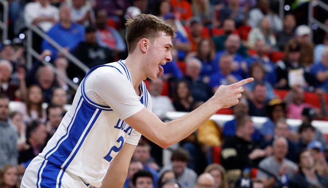 Duke’s Cooper Flagg (2) celebrates after slamming in two during the first half of Duke’s game against Mount St. Mary’s in the first round of the 2025 NCAA Men’s Basketball Tournament at the Lenovo Center in Raleigh, N.C., Friday, March 21, 2025.
