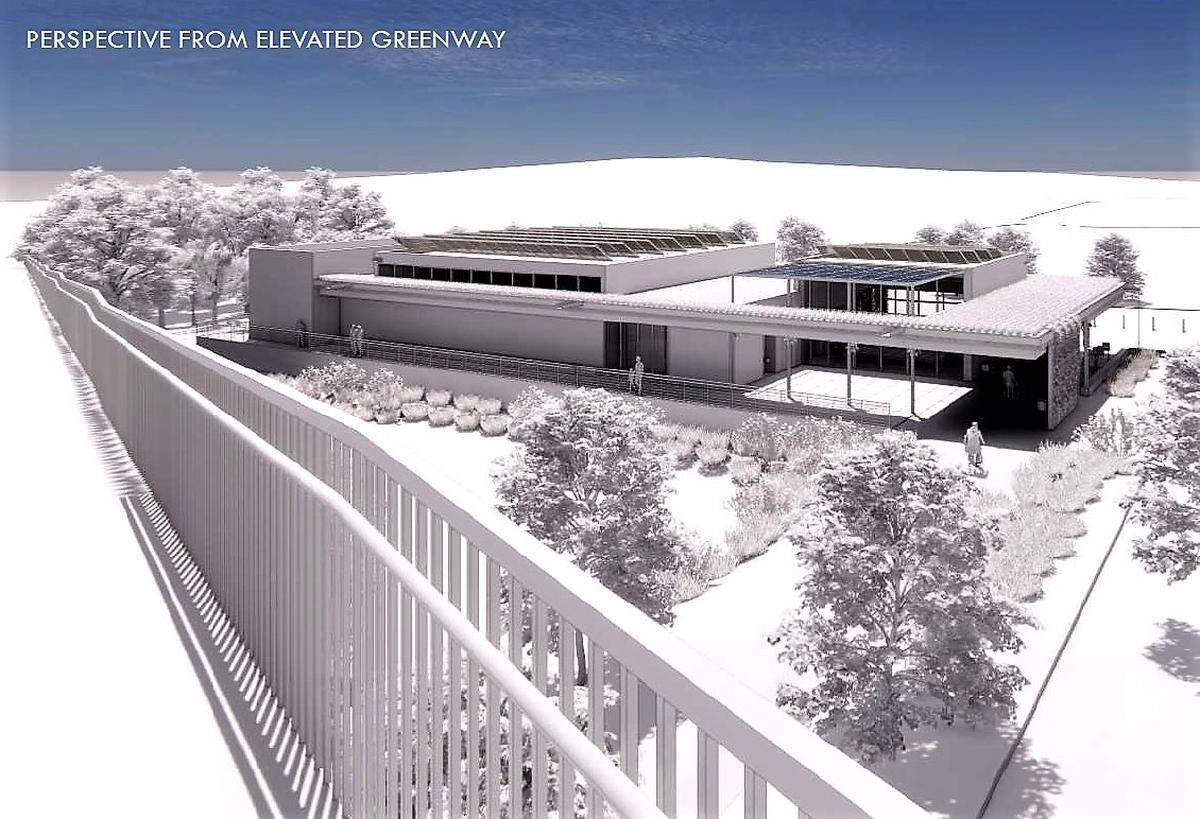 An architect’s rendering shows how an Amtrak train station near Orange Grove and Churton streets could look as viewed from a proposed greenway across the railroad tracks to downtown Hillsborough.