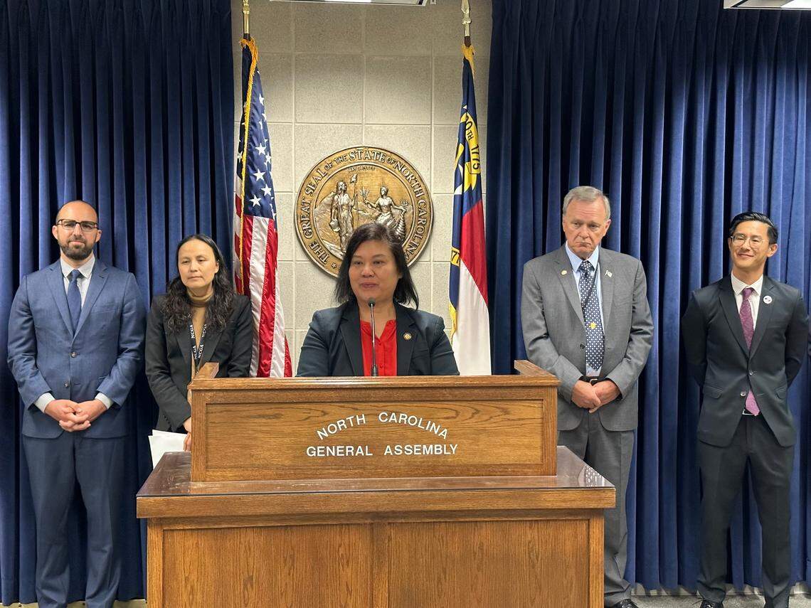 Rep. Maria Cervania, a Wake County Democrat, discusses the formation of a new AAPI Caucus during a press conference at the Legislative Building in Raleigh, N.C. on Wednesday, May 17, 2023.
