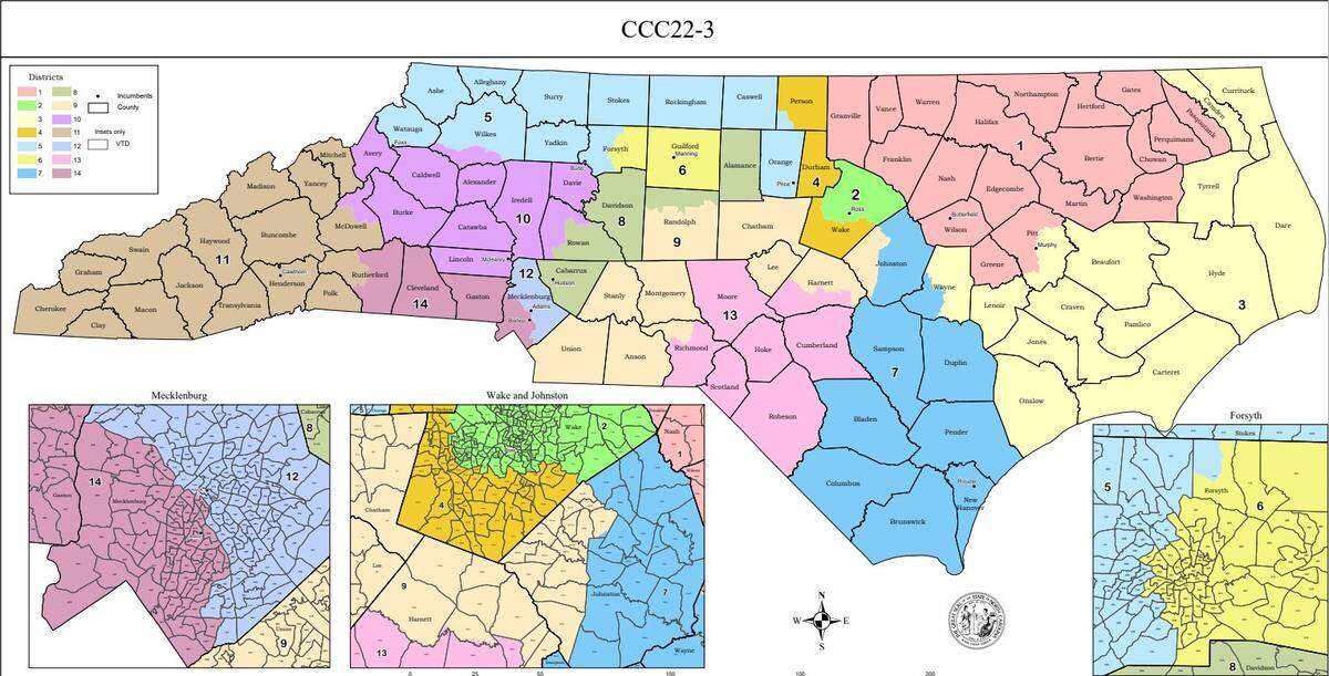 Members of the N.C. Senate proposed this map of congressional districts on Feb. 16, 2022. The legislature is redrawing maps that had been passed in 2021 but which were later ruled unconstitutional partisan gerrymandering by the N.C. Supreme Court.