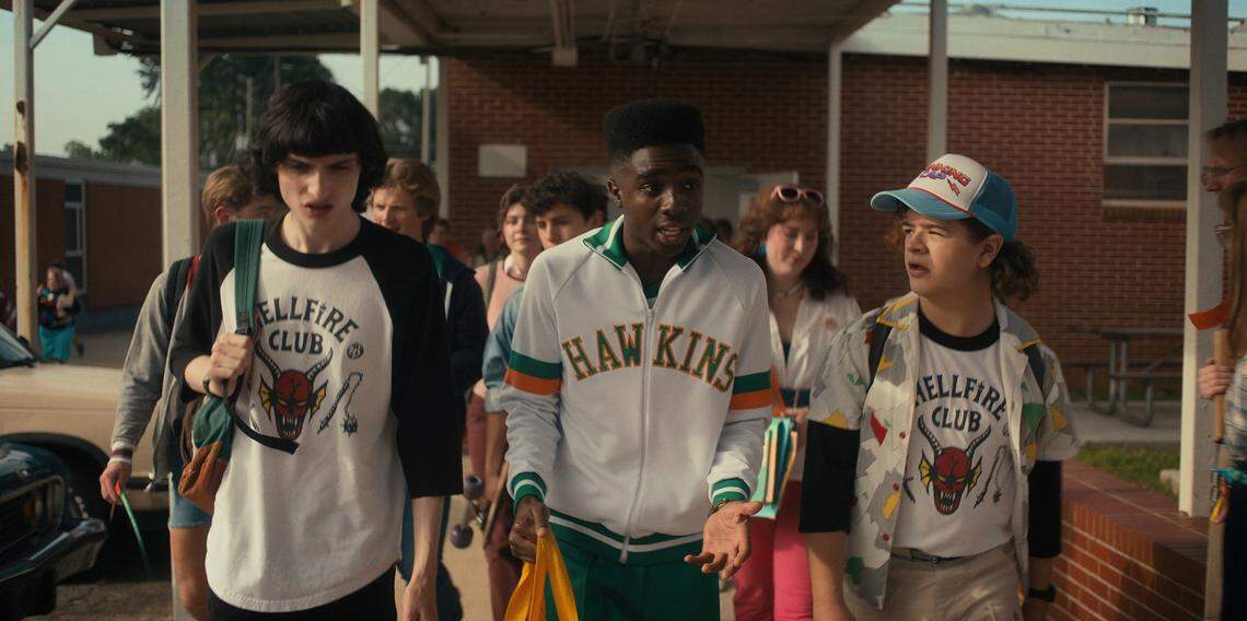 Finn Wolfhard, left, as Mike Wheeler, Caleb McLaughlin as Lucas Sinclair and Gaten Matarazzo as Dustin Henderson in Season 4 of the Netflix series “Stranger Things.” 