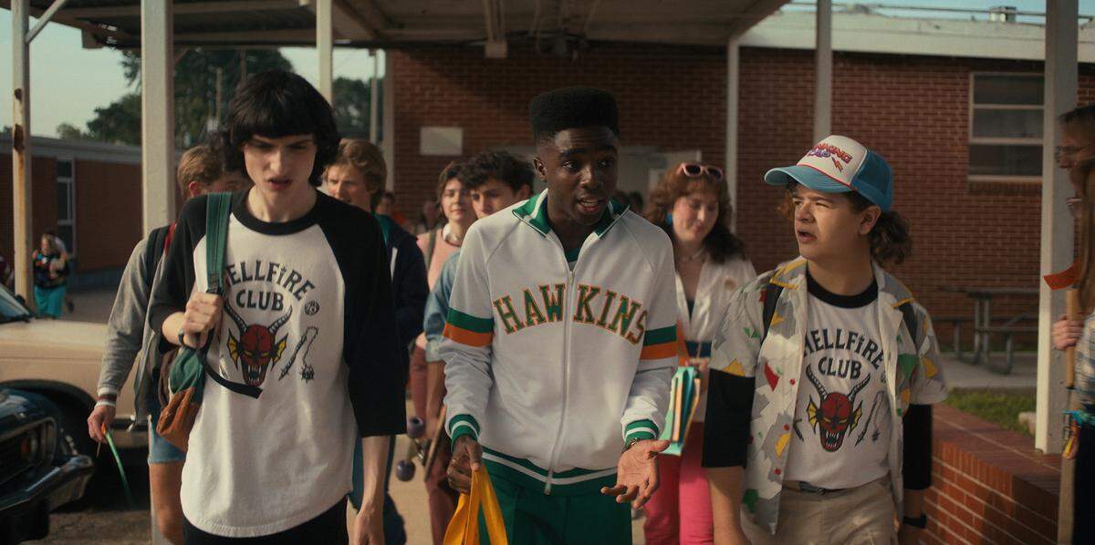Finn Wolfhard, left, as Mike Wheeler, Caleb McLaughlin as Lucas Sinclair and Gaten Matarazzo as Dustin Henderson in Season 4 of the Netflix series “Stranger Things.”