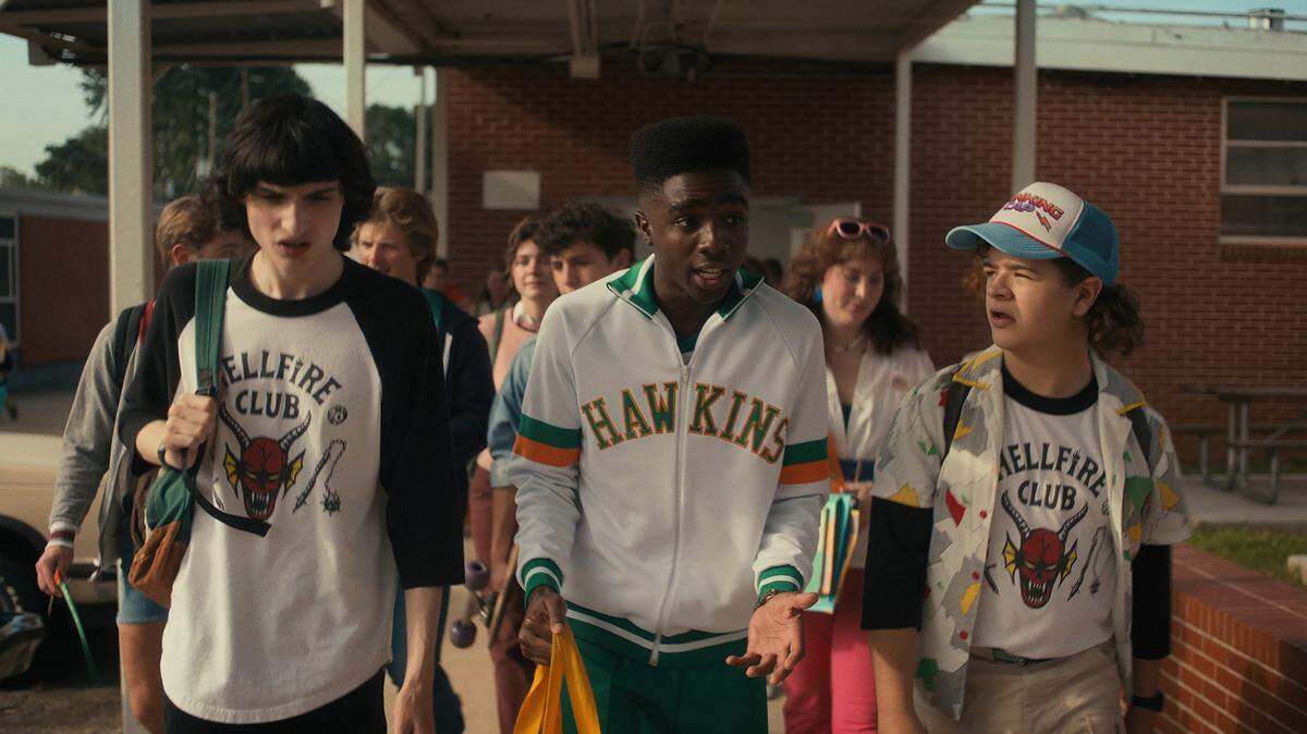 Finn Wolfhard, left, as Mike Wheeler, Caleb McLaughlin as Lucas Sinclair and Gaten Matarazzo as Dustin Henderson in Season 4 of the Netflix series “Stranger Things.” 