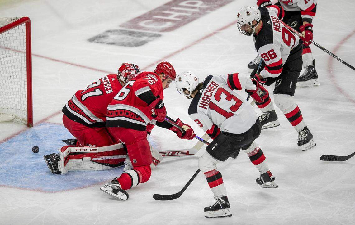 The New Jersey Devils Timo Meier (96) scores on Carolina Hurricanes goalie Frederik Andersen (31) in the second period during Game 5 of their second round Stanley Cup playoff series on Thursday, May 11, 2023 at PNC Arena in Raleigh, N.C.