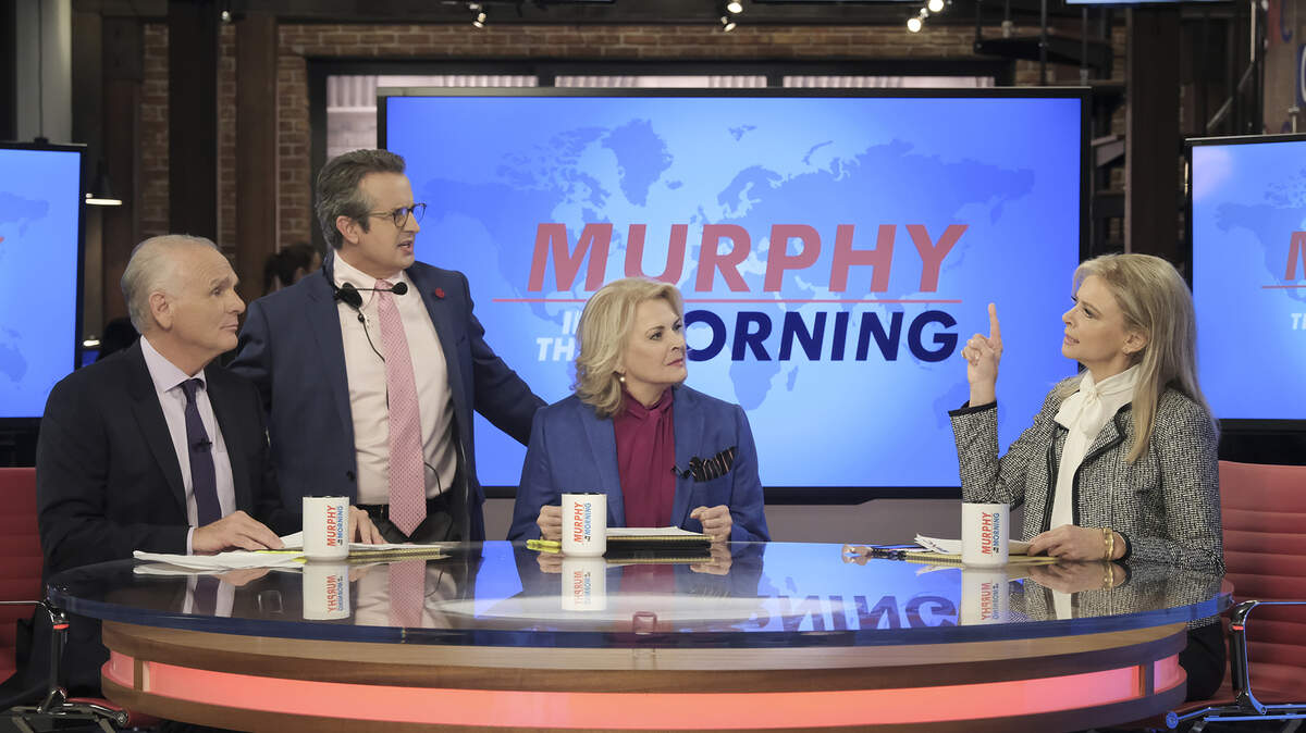 (L-R): Joe Regalbuto as Frank Fontana, Grant Shaud as Miles Silverberg, Candice Bergen as Murphy Brown and Faith Ford as Corky