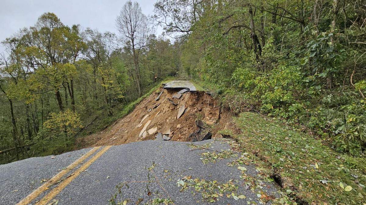 The Blue Ridge Parkway at Gooch Gap, near Little Switzerland, North Carolina, after Tropical Storm Helene. The federal government is sending $100 million to repair and reopen roads and bridges that Helene damaged in Western North Carolina.