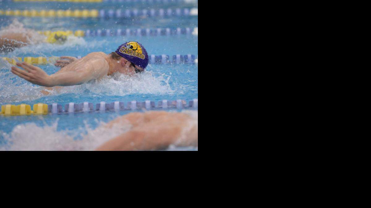 Thomas Bilden of Carrboro swims in the Men's 100 Yard Butterfly race during the NCHSAA 1A/2A State Swimming Finals in Cary, N.C. on Friday, February 13, 2015.
