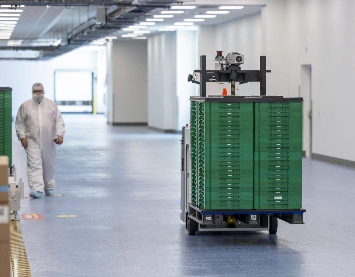 Robots carry pallets of packaged Mounjaro and Zepbound to their refrigerated warehouse that is totally operated by robots on Thursday, July 31, 2025 in Durham, N.C.