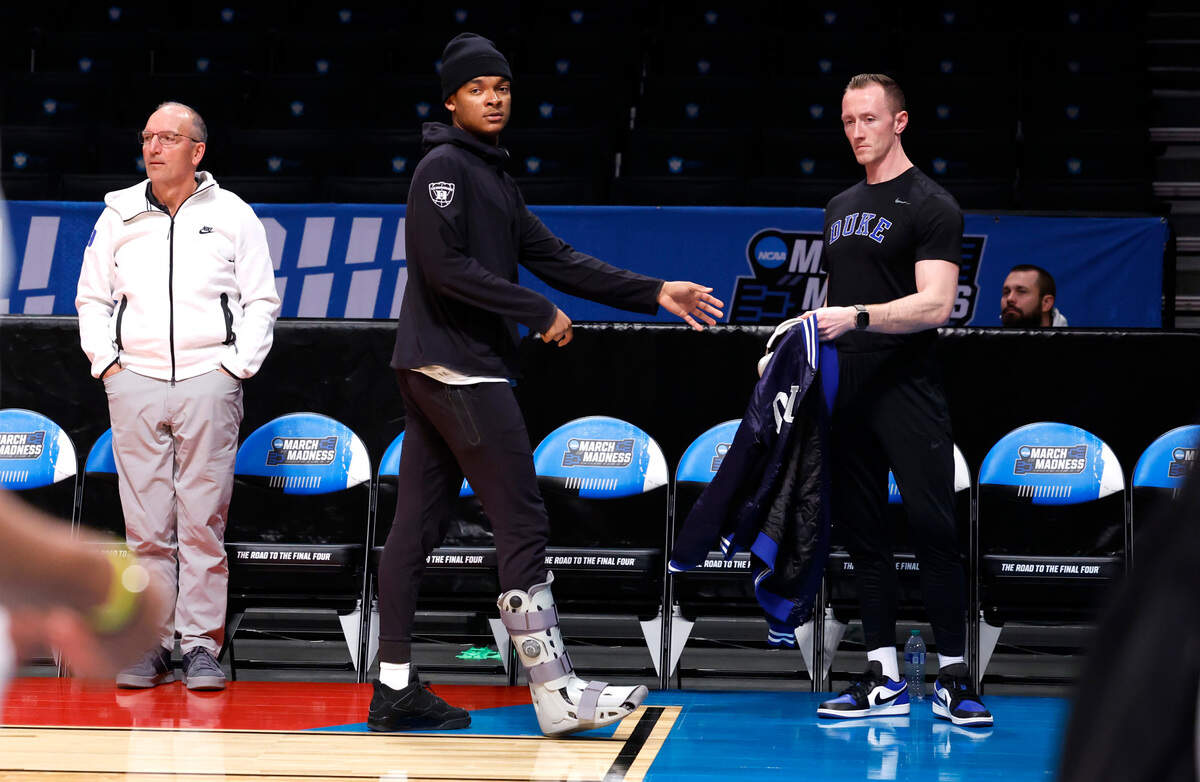 Duke’s Caleb Foster walks off the court after Duke’s practice at the Barclays Center in Brooklyn, N.Y., Thursday, March 21, 2024. The Blue Devils face Vermont in the first round of the NCAA Tournament Friday.