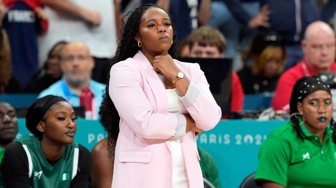 Aug 1, 2024; Villeneuve-d’Ascq, France; Nigeria head coach Rena Wakama looks on in the second half against France in a women’s group stage game during the Paris 2024 Olympic Summer Games at Stade Pierre-Mauroy.