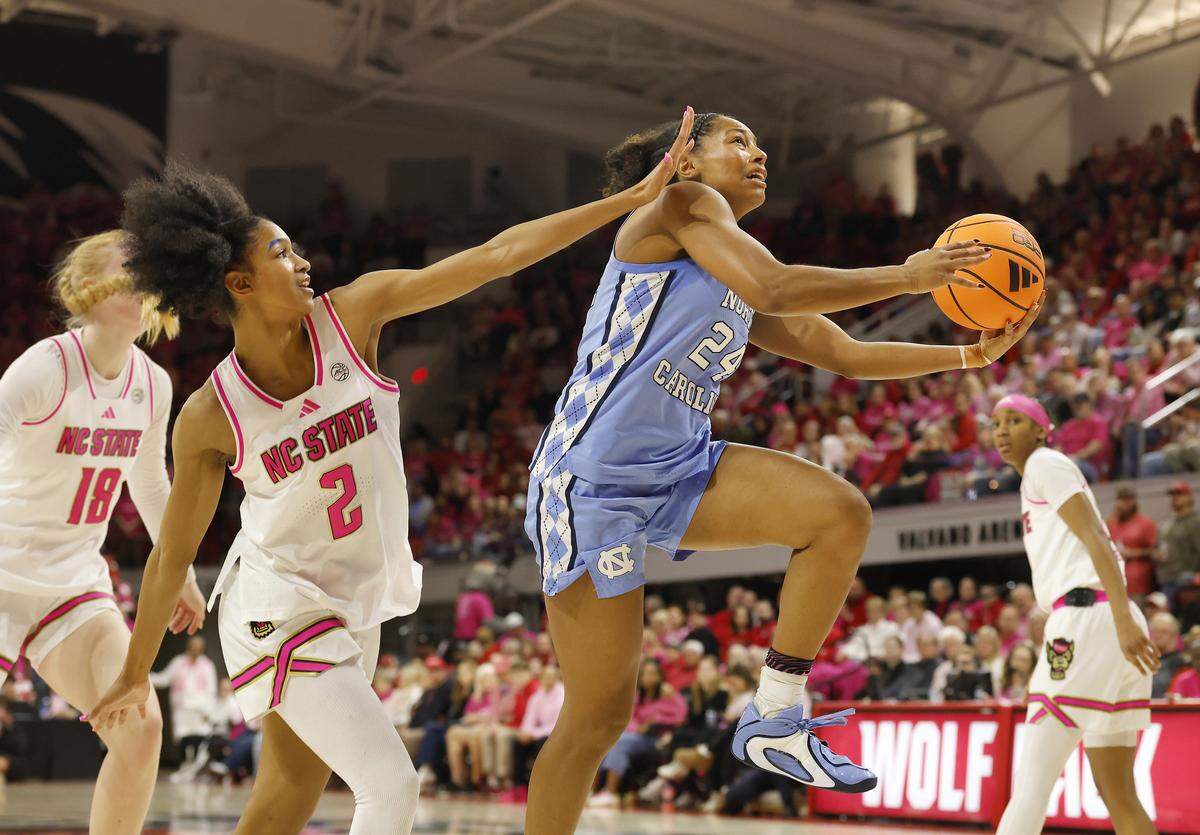 North Carolina’s Indya Nivar drives past N.C. State’s Qadence Samuels during the first half of the Tar Heels’ game on Monday, Feb. 2, 2026, at Reynolds Coliseum in Raleigh, N.C.