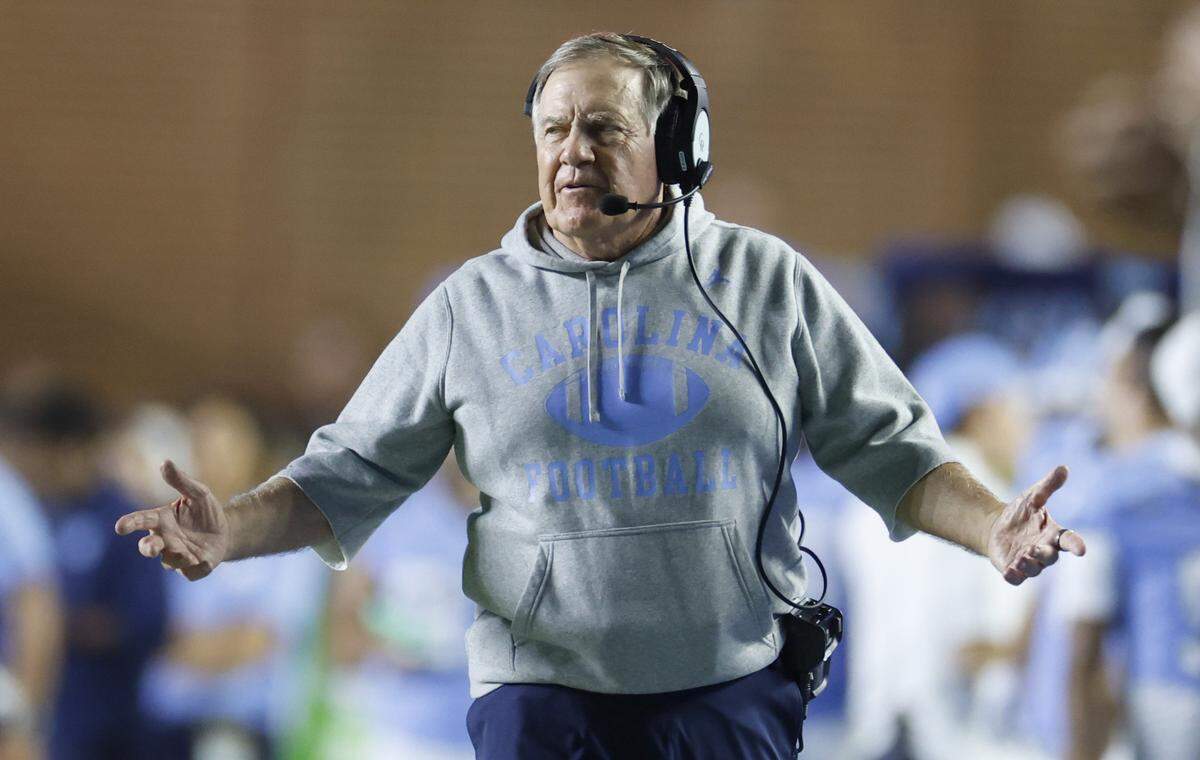 North Carolina head coach Bill Belichick motions during the first half of UNC’s game against TCU at Kenan Stadium in Chapel Hill, N.C., Monday, Sept. 1, 2025.