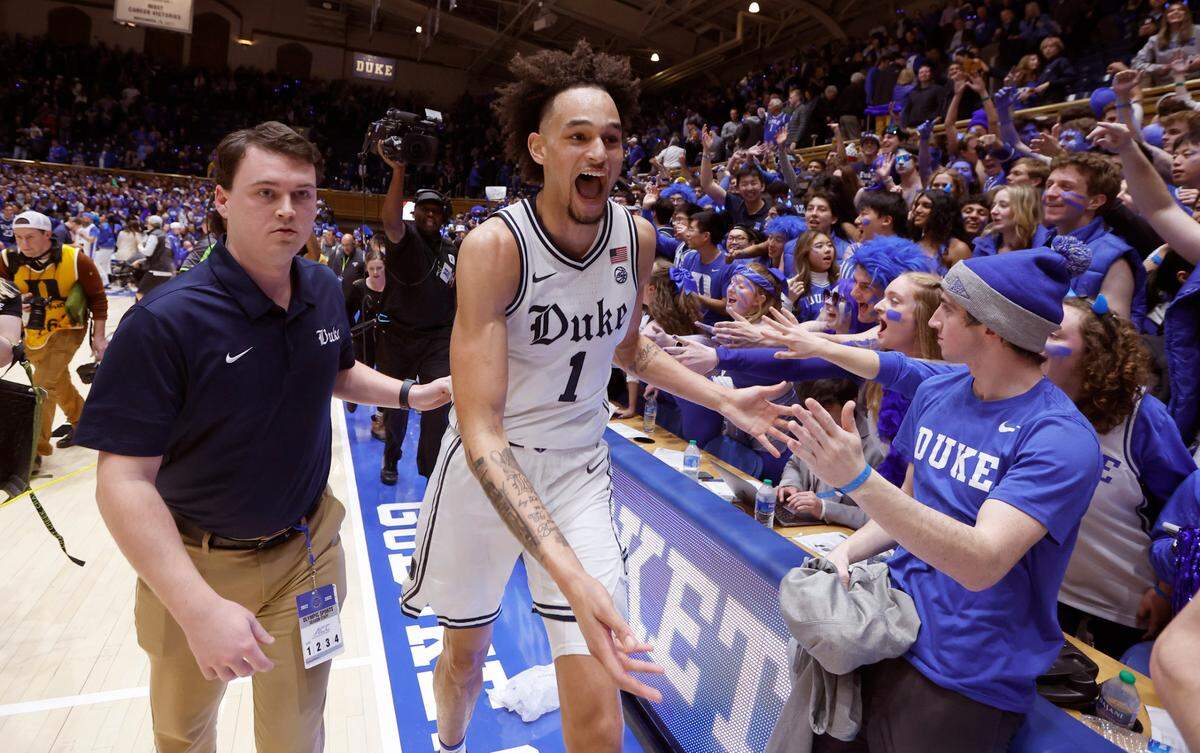 Duke’s Dereck Lively II (1) runs off the court after Duke’s 63-57 victory over UNC at Cameron Indoor Stadium in Durham, N.C., Saturday, Feb. 4, 2023.