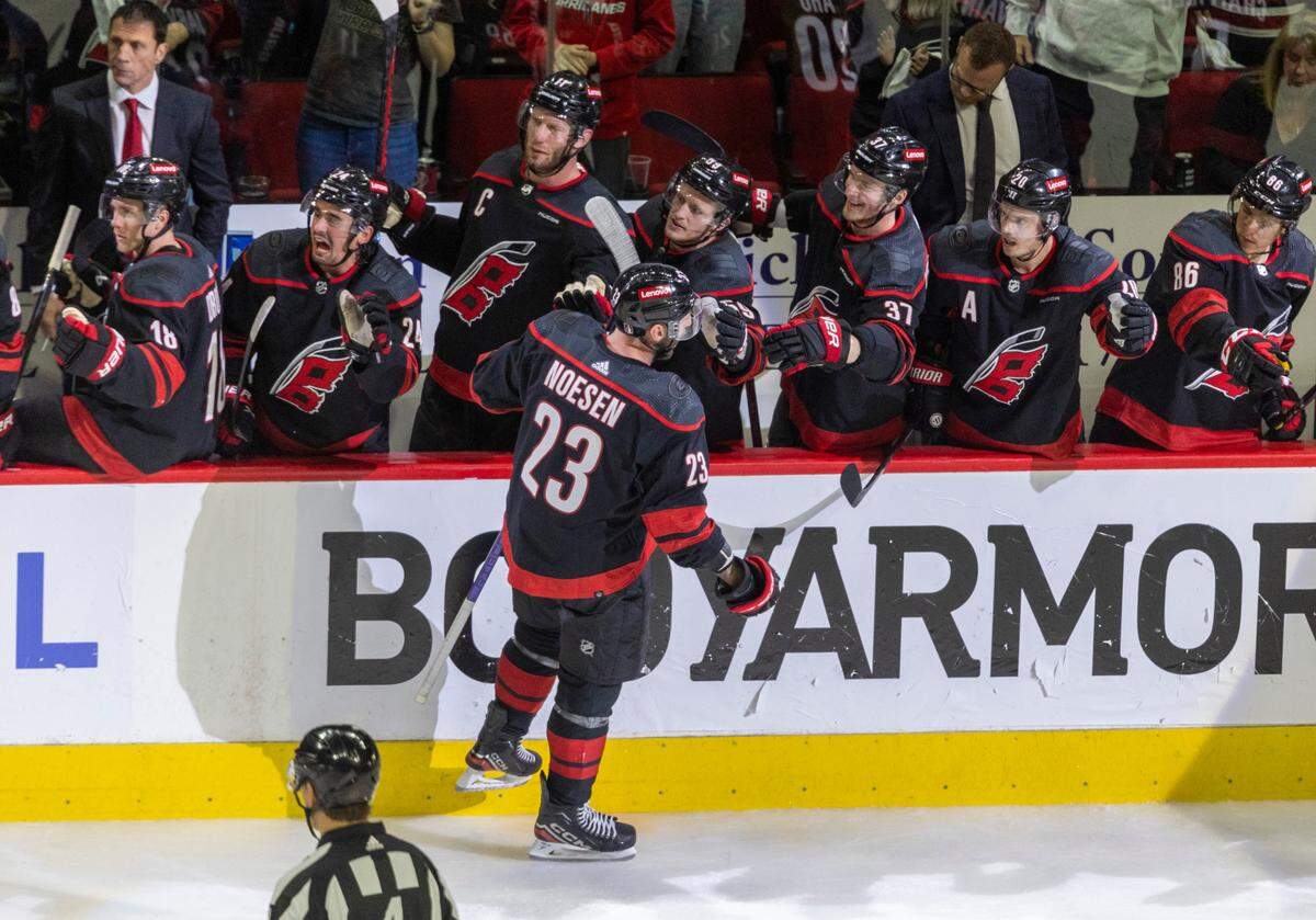 Carolina Hurricanes winger Stefan Noesen (23) skates to the bench after scoring in the third period against the New York Islanders in Game 5 of the NHL Eastern Conference quarterfinals on Tuesday, April 30, 2024 at PNC Arena, in Raleigh N.C. The Hurricanes clinched the series 4-1.