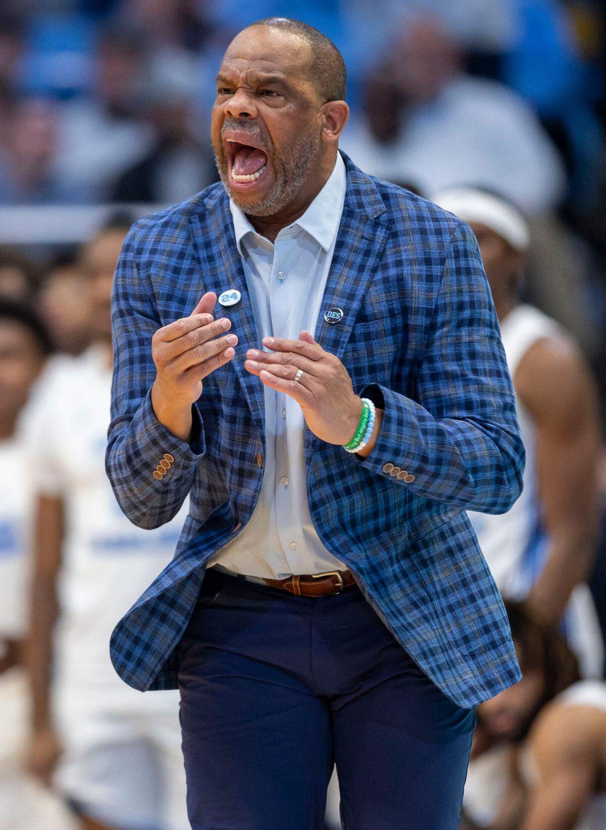 North Carolina coach Hubert Davis yells instructions to his team in the first half against American University on Friday, November 15, 2024 at the Smith Center in Chapel Hill, N.C