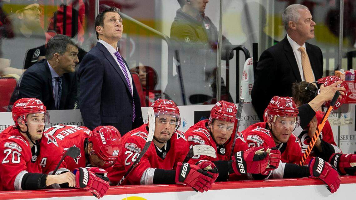 Carolina Hurricanes’ coach Rod Brind’Amour eyes the scoreboard during a time out in the second period against Detroit on Tuesday, April 11, 2023 at PNC Arena in Raleigh, N.C.