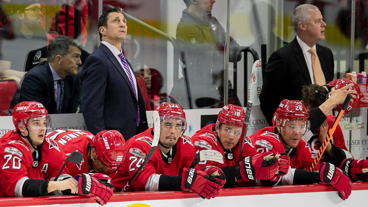 Carolina Hurricanes’ coach Rod Brind’Amour eyes the scoreboard during a time out in the second period against Detroit on Tuesday, April 11, 2023 at PNC Arena in Raleigh, N.C.