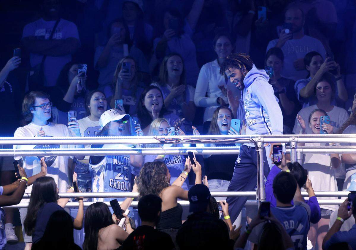 North Carolina’s R.J. Davis is greeted by fans as he is introduced during “Live Action with Carolina Basketball” at the Dean E. Smith Center on Friday, Oct. 7, 2022, in Chapel Hill, N.C.