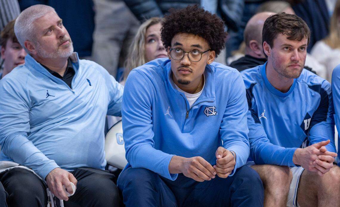 North Carolina’s Seth Trimble watches the second half of the Tar Heels’ game against Clemson from the bench on Tuesday, February 6, 2024 at the Dean E. Smith Center in Chapel Hill, N.C. Trimble did not dress out for the game after suffering an injury in the game against Duke.