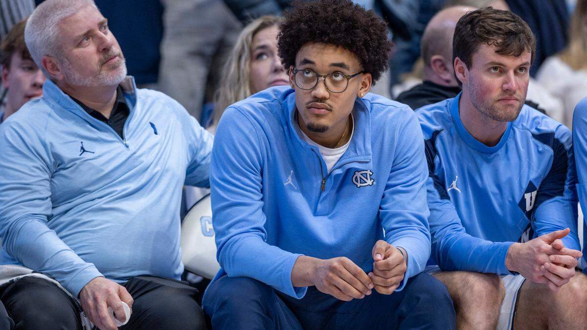 North Carolina’s Seth Trimble watches the second half of the Tar Heels’ game against Clemson from the bench on Tuesday, February 6, 2024 at the Dean E. Smith Center in Chapel Hill, N.C. Trimble did not dress out for the game after suffering an injury in the game against Duke.