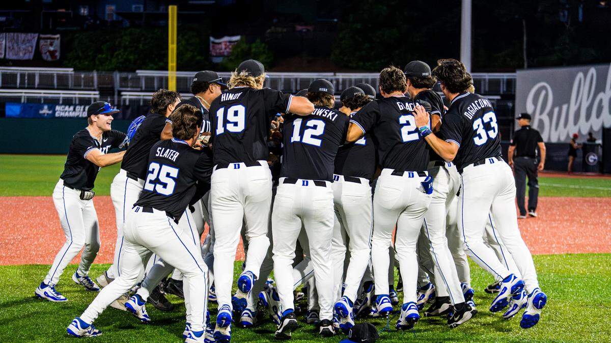 The Duke Blue Devils baseball team celebrates after defeating Oklahoma State, 3-2, on Sunday, June 1, 2025, to win the NCAA Tournament’s Athens Regional at Foley Field in Athens, Georgia.