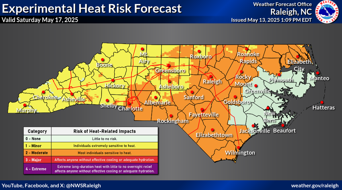 The National Weather Service is testing a new product that maps heat risk, and it shows a moderate risk for people who are sensitive for heat across central and Eastern North Carolina on Saturday, May 17, 2025. The forecast takes into account actual temperatures and the exacerbating effects of humidity.