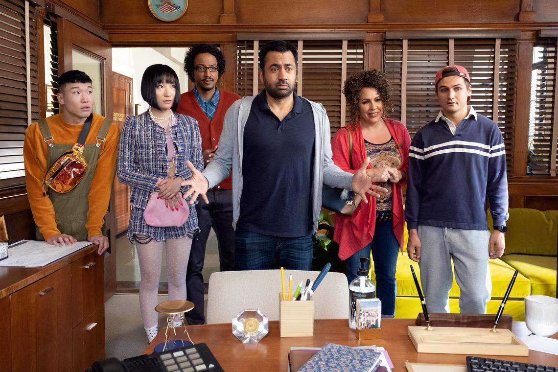 From the new NBC comedy “Sunnyside,” (L-R): Joel Kim Booster as Jun Ho, Poppy Liu as Mei Lin, Samba Schutte as Hakim, Kal Penn as Garrett, Diana Marie Riva as Griselda, Moses Storm as Brady.