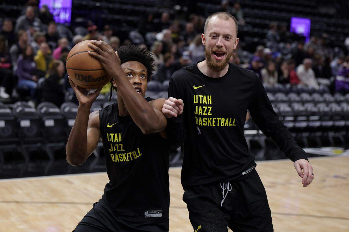 Feb 4, 2024; Salt Lake City, Utah, USA; Utah Jazz guard Collin Sexton (2) warms up with assistant coach Evan Bradds before the game against the Milwaukee Bucks at Delta Center.