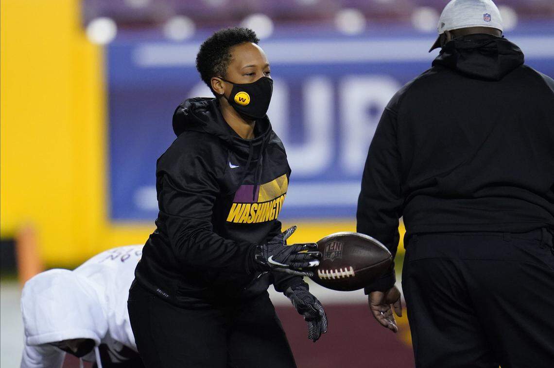 Jennifer King, photographed Jan. 9, 2021, is Washington Football Team’s assistant running backs coach. She was named to her current position on Jan. 26, 2021, after serving as the team’s full-year coaching intern in 2020. She’s the first African American female assistant position coach in NFL history.