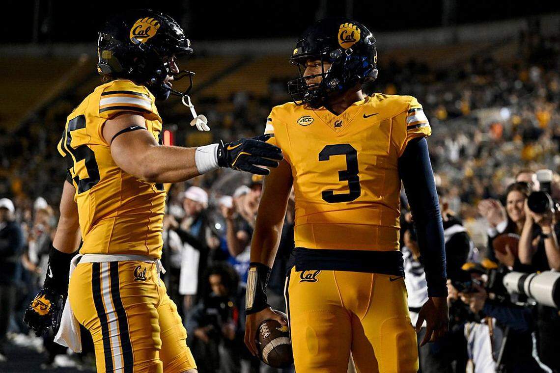 Jaron-Keawe Sagapolutele of the California Golden Bears reacts after scoring a touchdown during the first quarter against North Carolina at California Memorial Stadium on Oct. 17, 2025 in Berkeley, California. 