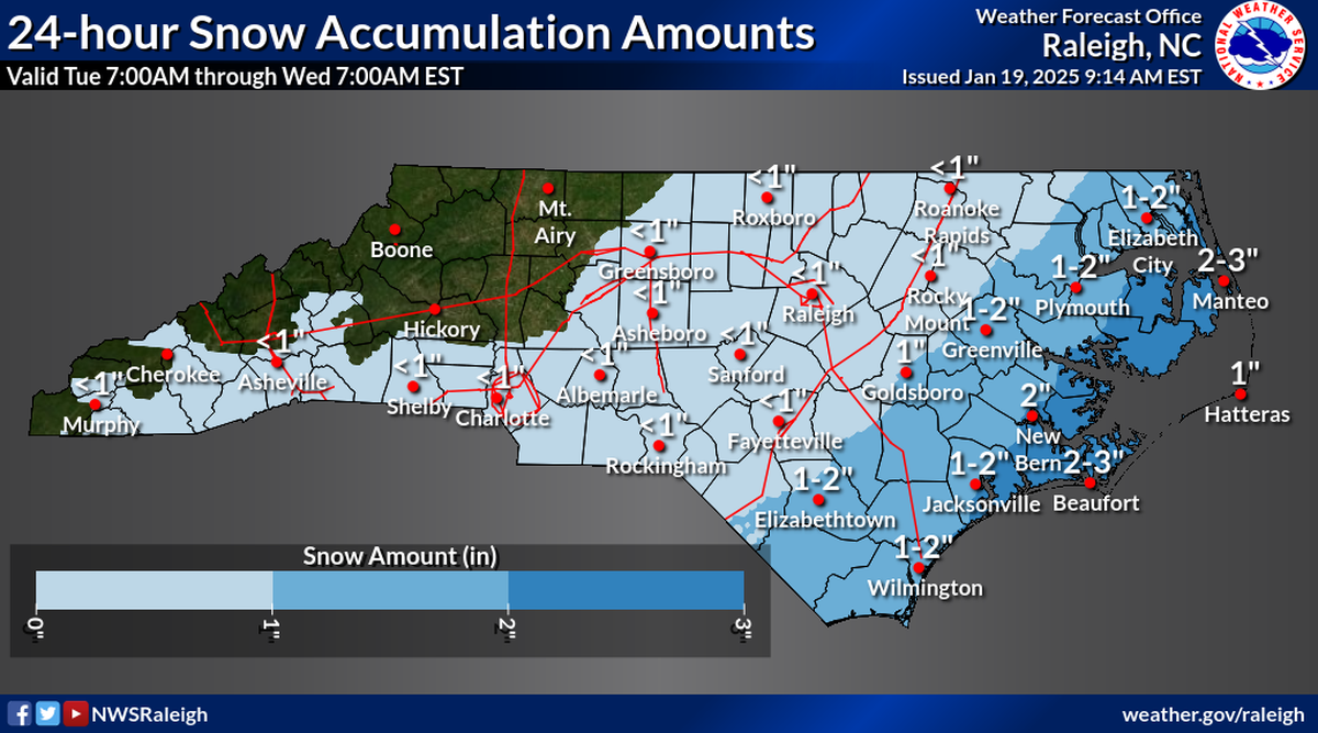 A low-pressure system coming from the Gulf of Mexico will collide with a high-pressure system bringing frigid air from the west this week, creating a chance of snow over most of North Carolina.