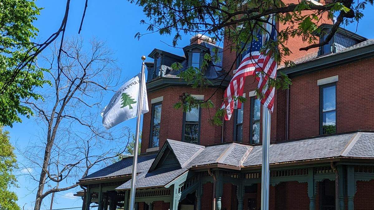 An Appeal to Heaven/Pine Tree flag was flown in front of the Hawkins-Hartness House, which is the office of the lieutenant governor, in downtown Raleigh, N.C. in spring 2024. The flag is from the Revolutionary War and tied to recent controversy.
