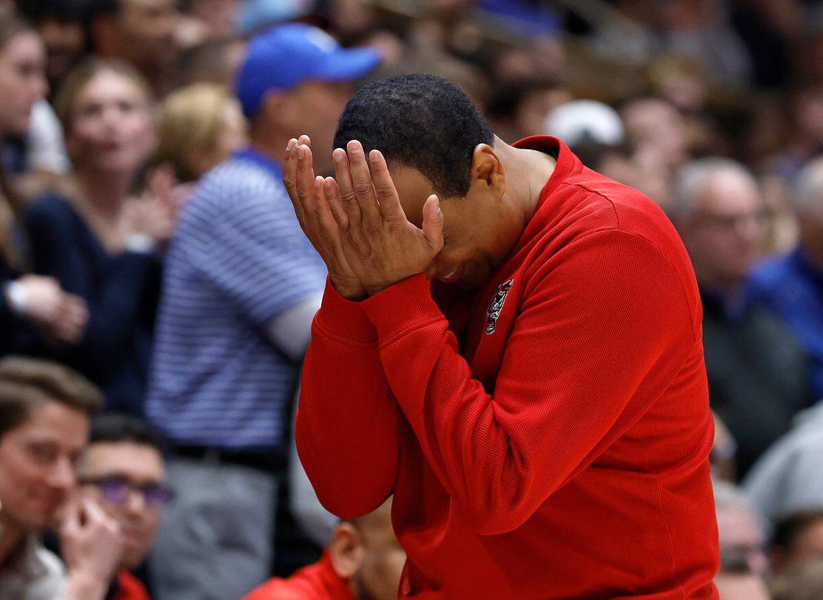 N.C. State head coach Kevin Keatts reacts to a foul call during the second half of the Wolfpack’s 74-64 loss to Duke on Monday, Jan. 27, 2025, at Cameron Indoor Stadium in Durham, N.C.