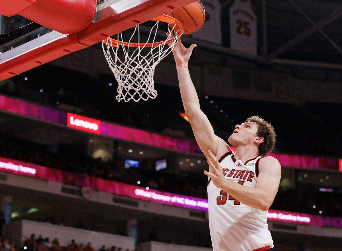 N.C. State’s Ben Middlebrooks lays in two during the second half of the Wolfpack’s 81-72 win over Presbyterian on Friday, Nov. 8, 2024, at Lenovo Center in Raleigh, N.C.