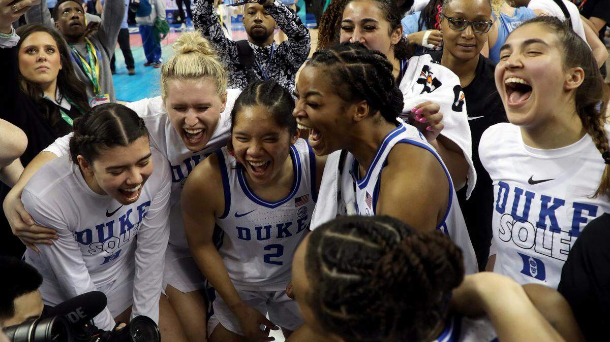 Duke celebrates after defeating North Carolina 44-40 in an ACC Women’s Basketball Tournament quarterfinal game on Friday, March 3, 2023, at Greensboro Coliseum in Greensboro, N.C.